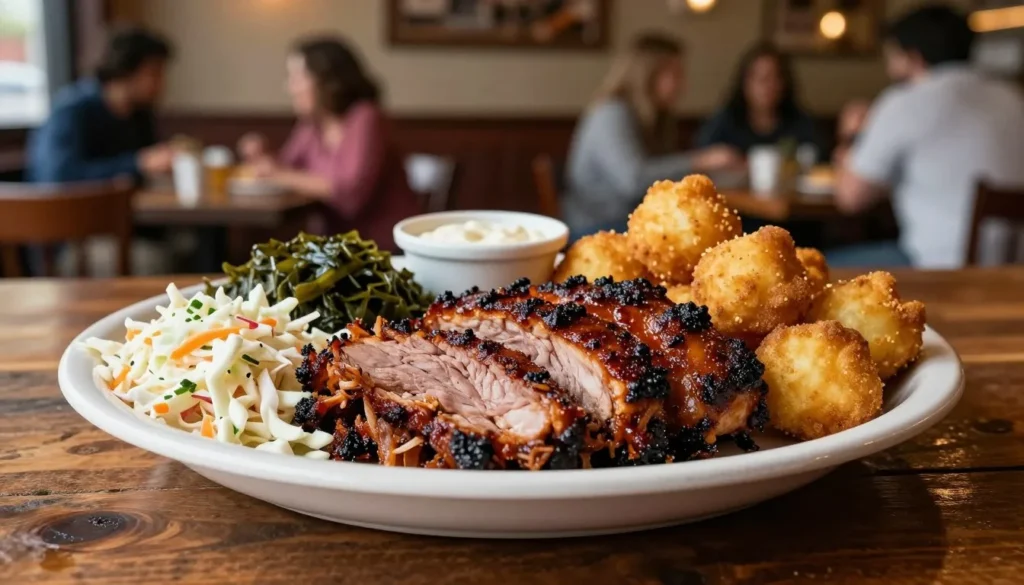 Traditional North Carolina barbecue meal with local sides at restaurant near Dismal Swamp Traditional North Carolina barbecue meal with local sides at restaurant near Dismal Swamp