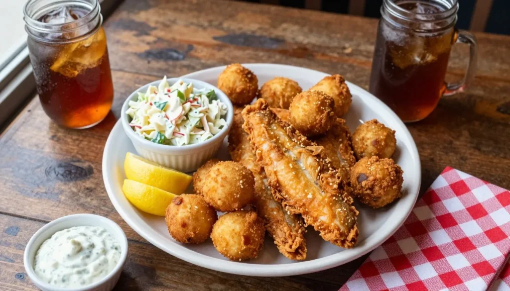 Traditional North Carolina seafood platter with fried fish, hushpuppies, and coleslaw on rustic wooden table Traditional North Carolina seafood platter with fried fish, hushpuppies, and coleslaw on rustic wooden table