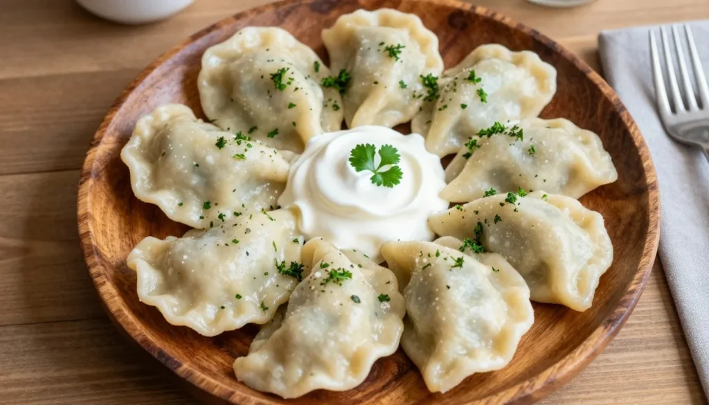 Traditional Polish pierogi dumplings on a rustic wooden plate with sour cream