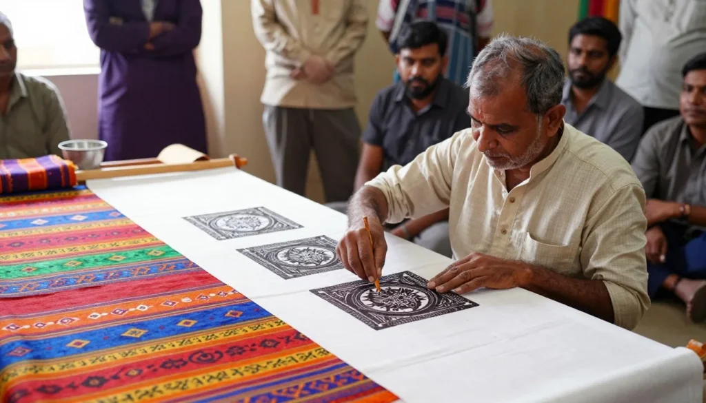 Traditional Rajasthani artisan demonstrating block printing craft technique