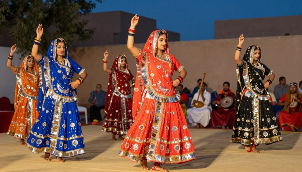 Traditional Rajasthani folk dancers performing at cultural event with musicians in background