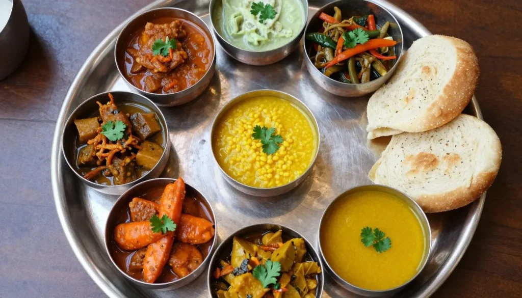 Traditional Rajasthani thali with variety of dishes served on silver plate at local restaurant