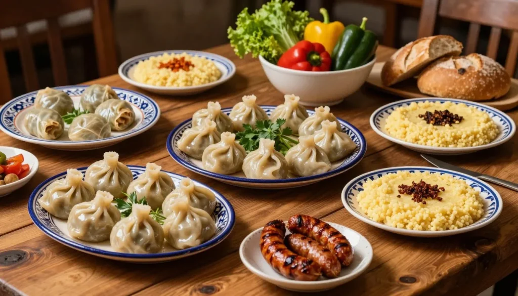 Traditional Romanian dishes displayed on rustic wooden table including sarmale and mici Traditional Romanian dishes displayed on rustic wooden table including sarmale and mici