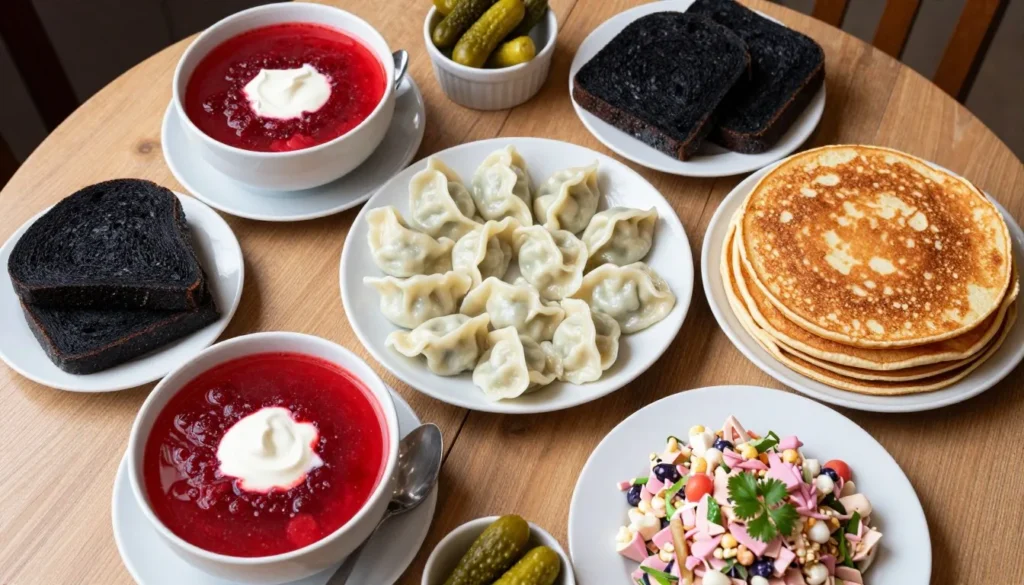 Traditional Russian dishes beautifully arranged on a table including borscht soup, pelmeni dumplings, blini pancakes, and other classic cuisine Traditional Russian dishes beautifully arranged on a table including borscht soup, pelmeni dumplings, blini pancakes, and other classic cuisine