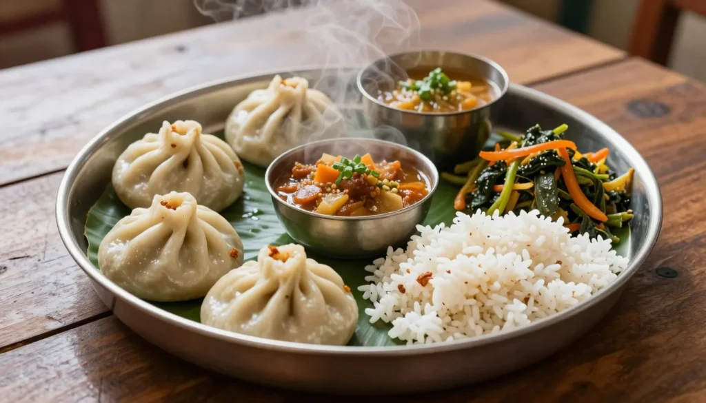 Traditional Sikkimese thali meal with momos and local dishes