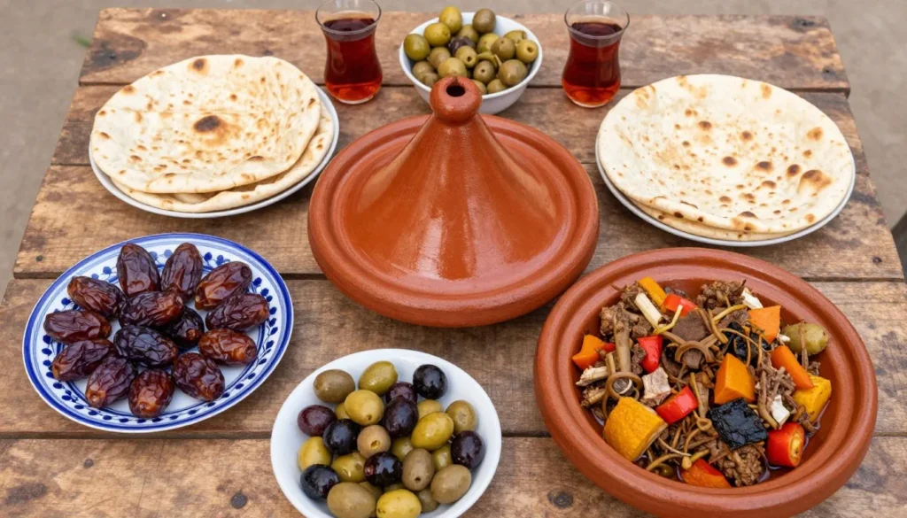 Traditional Siwan meal with local dishes, dates, olives, and tagine in authentic setting Traditional Siwan meal with local dishes, dates, olives, and tagine in authentic setting