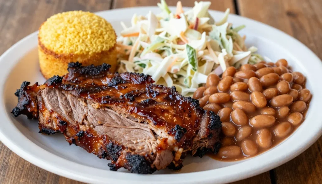 Traditional Southern barbecue plate with pulled pork, coleslaw, and cornbread served at local restaurant Traditional Southern barbecue plate with pulled pork, coleslaw, and cornbread served at local restaurant