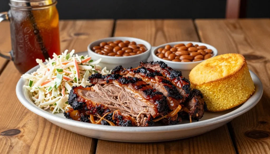 Traditional Southern barbecue plate with pulled pork, sides, and sweet tea Traditional Southern barbecue plate with pulled pork, sides, and sweet tea