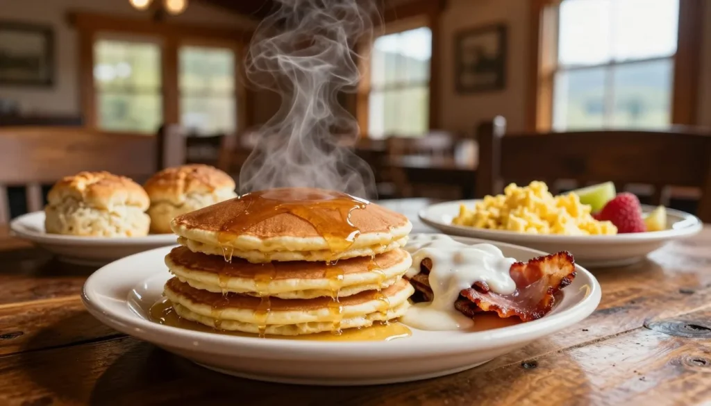 Traditional Southern breakfast spread with pancakes, biscuits, gravy, and country ham at mountain restaurant Traditional Southern breakfast spread with pancakes, biscuits, gravy, and country ham at mountain restaurant