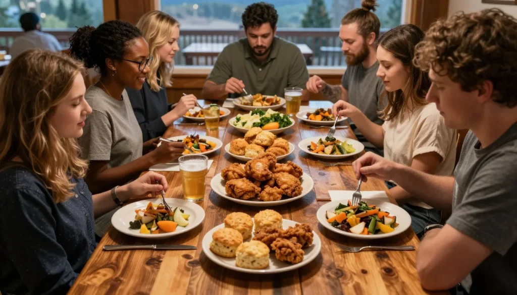 Traditional Southern comfort food meal with diverse diners enjoying local North Carolina cuisine Traditional Southern comfort food meal with diverse diners enjoying local North Carolina cuisine
