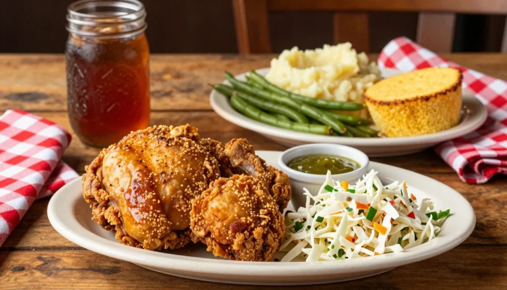 Traditional Southern comfort food meal with fried chicken, vegetables, and cornbread on rustic table Traditional Southern comfort food meal with fried chicken, vegetables, and cornbread on rustic table