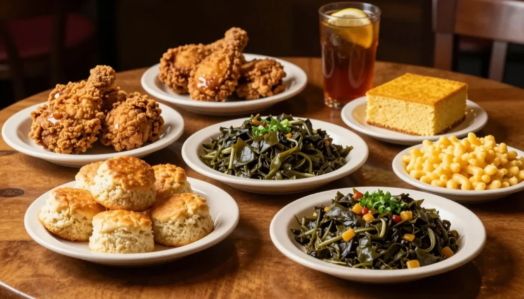 Traditional Southern comfort food spread on rustic table Traditional Southern comfort food spread on rustic table