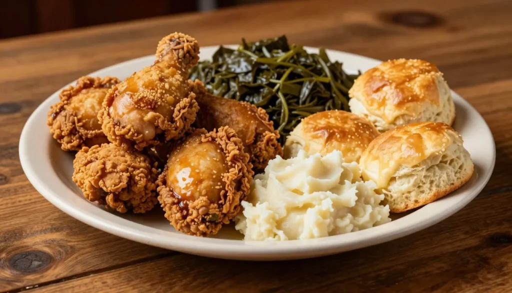 Traditional Southern comfort food with fried chicken, biscuits, and vegetables on rustic table Traditional Southern comfort food with fried chicken, biscuits, and vegetables on rustic table