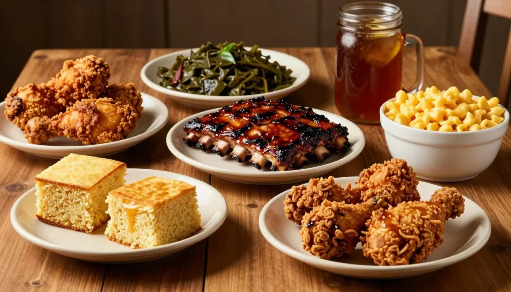 Traditional Southern food spread featuring barbecue and regional dishes Traditional Southern food spread featuring barbecue and regional dishes