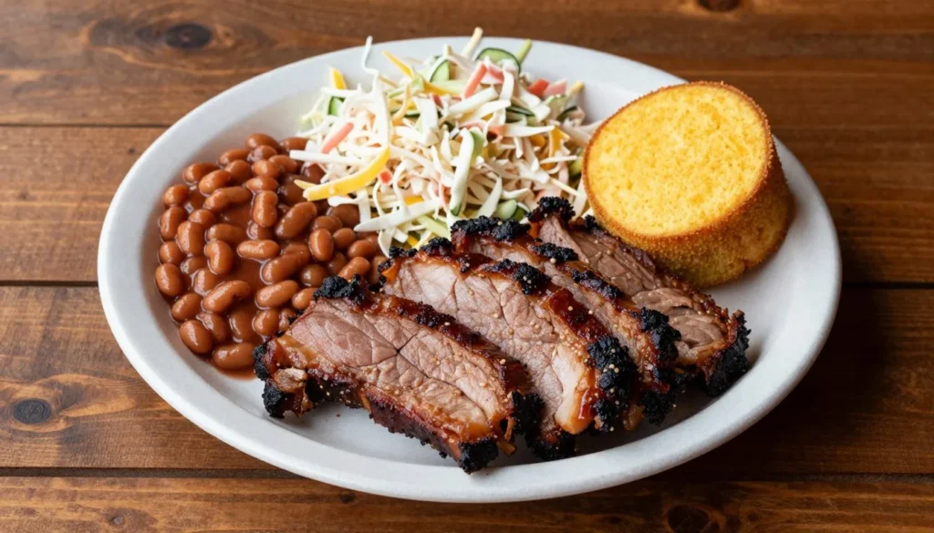 Traditional Southern meal with barbecue and sides at Tennessee restaurant Traditional Southern meal with barbecue and sides at Tennessee restaurant