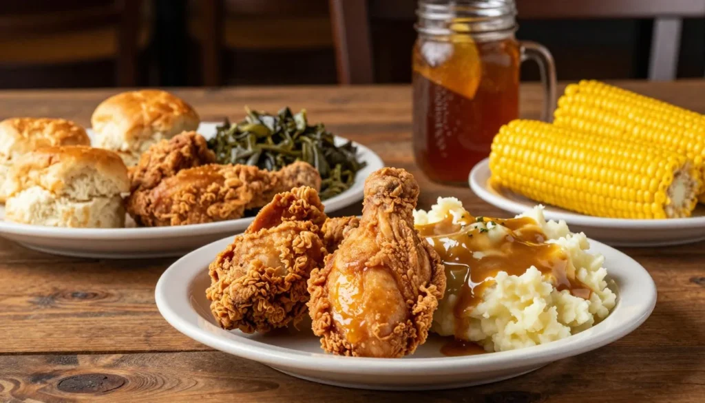 Traditional Southern meal with fried chicken, biscuits, and side dishes Traditional Southern meal with fried chicken, biscuits, and side dishes