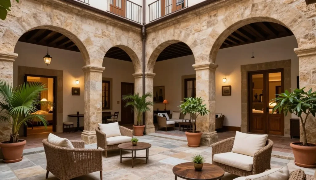 Traditional Spanish hotel courtyard in Leon with stone arches and comfortable seating area