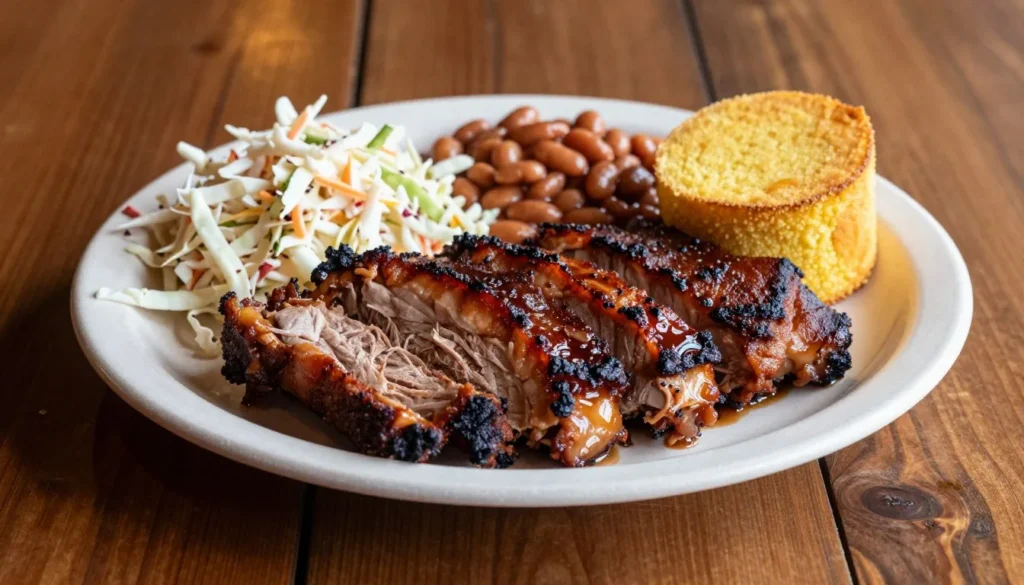 Traditional Tennessee barbecue meal with pulled pork, sides, and southern comfort food Traditional Tennessee barbecue meal with pulled pork, sides, and southern comfort food