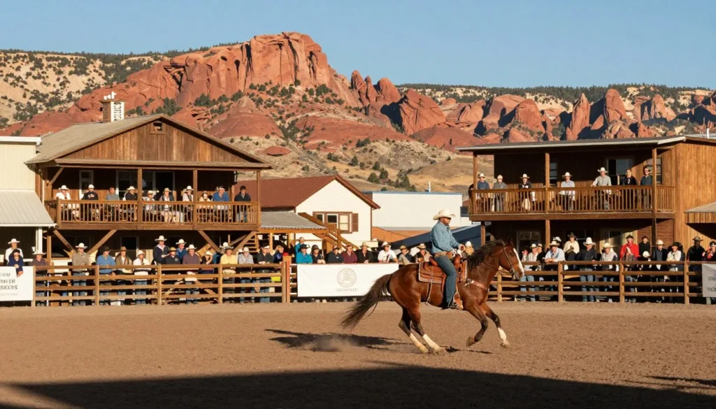 Traditional Western rodeo event with mountain backdrop and spectators Traditional Western rodeo event with mountain backdrop and spectators
