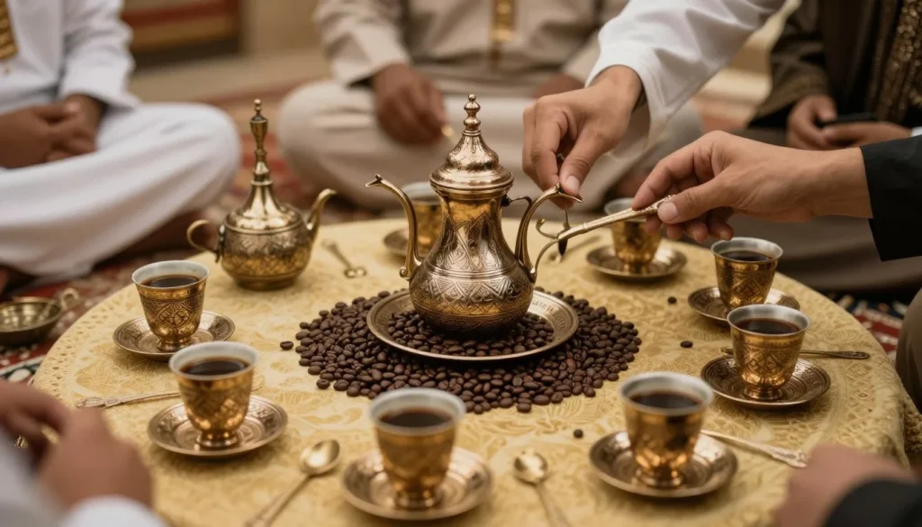 Traditional Yemeni coffee ceremony with coffee pots and small cups Traditional Yemeni coffee ceremony with coffee pots and small cups