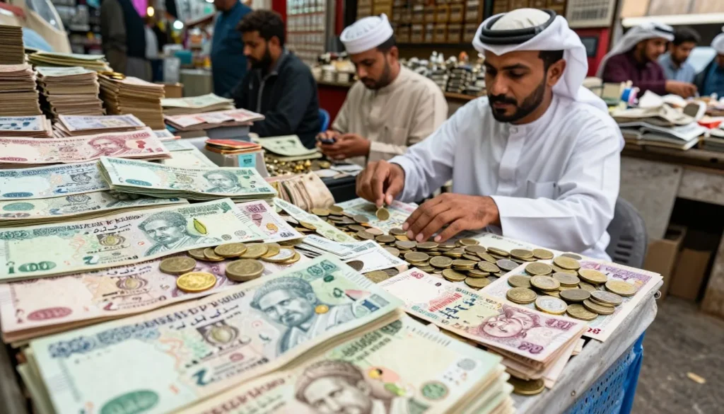 Traditional Yemeni currency and local market commerce scene Traditional Yemeni currency and local market commerce scene