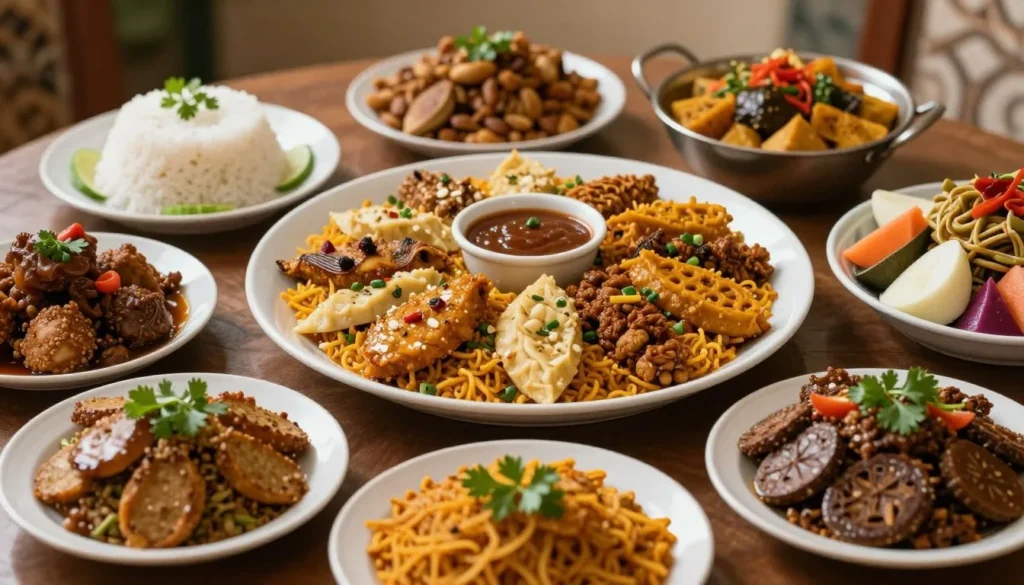 Traditional Yemeni dishes served on decorative plates with authentic presentation Traditional Yemeni dishes served on decorative plates with authentic presentation