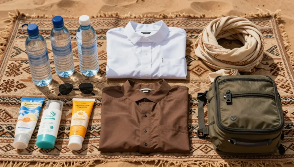 Traditional Yemeni travel items including water bottle and sun protection Traditional Yemeni travel items including water bottle and sun protection