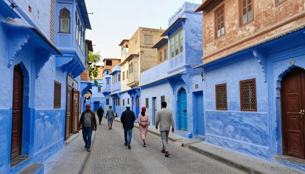 Traditional blue painted houses in Jodhpur old city with narrow winding streets and local residents