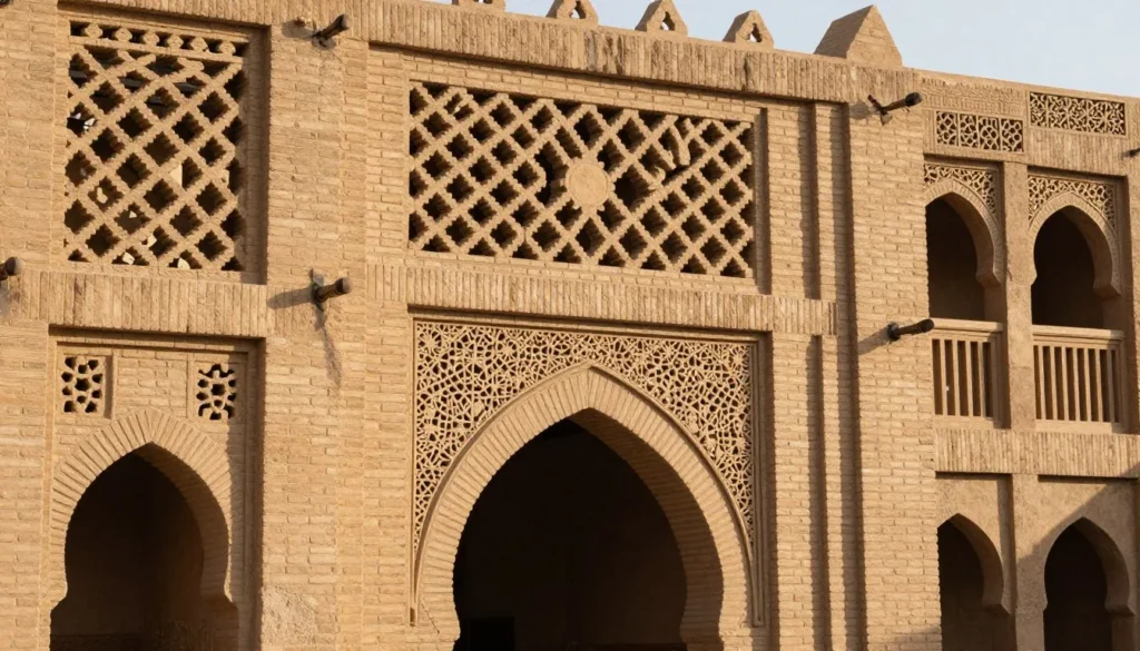 Traditional brick architecture in historic Zabid showing detailed craftsmanship Traditional brick architecture in historic Zabid showing detailed craftsmanship