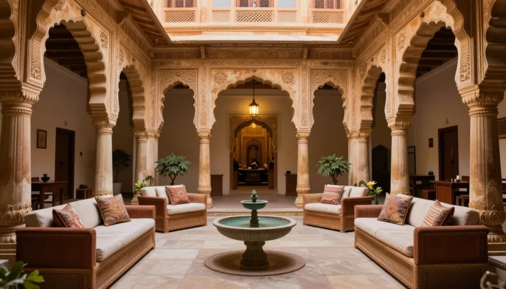 Traditional heritage hotel courtyard with carved sandstone arches and comfortable seating area