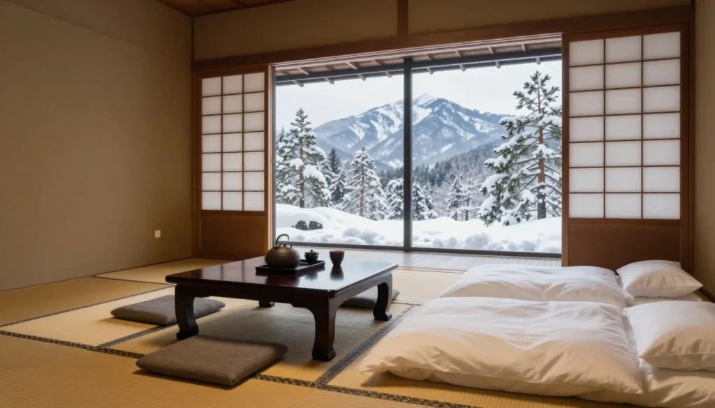 Traditional ryokan room with tatami mats overlooking snowy mountain landscape