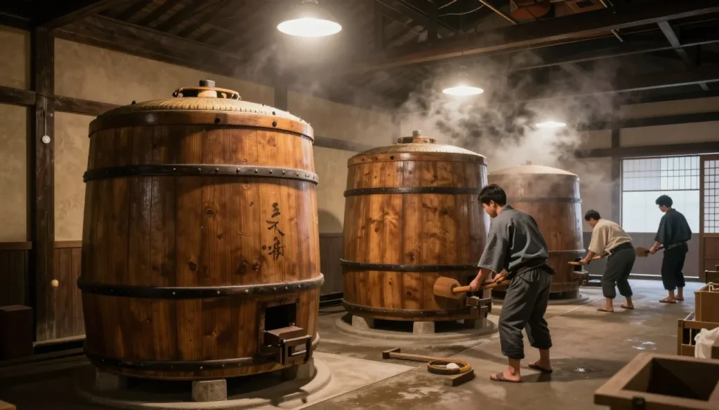 Traditional sake brewery interior with large wooden barrels Traditional sake brewery interior with large wooden barrels
