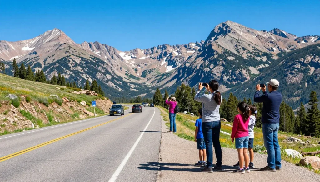 Trail Ridge Road during peak summer season with clear mountain views in Rocky Mountain National Park Trail Ridge Road during peak summer season with clear mountain views in Rocky Mountain National Park