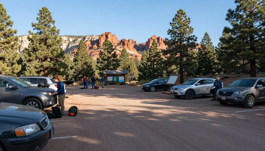 Trailhead parking area with diverse visitors preparing for hike Trailhead parking area with diverse visitors preparing for hike