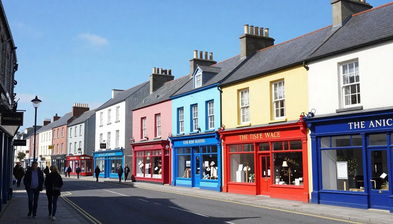 Tralee-town-center-with-colorful-storefronts-and-bustling-streets-in-County-Kerry Tralee town center with colorful storefronts and bustling streets in County Kerry