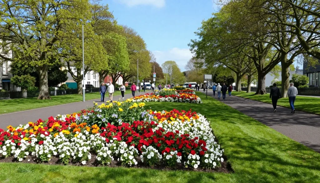 Tralee town park with blooming flowers and walking paths on a sunny day Tralee town park with blooming flowers and walking paths on a sunny day
