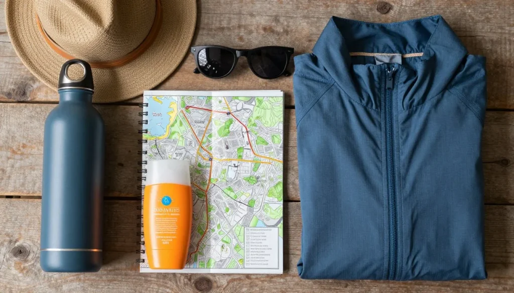 Travel essentials including reusable water bottle and sunscreen