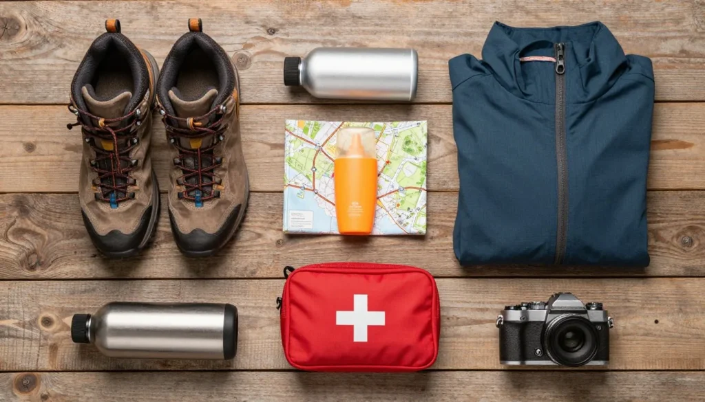 Travel essentials laid out for mountain trip
