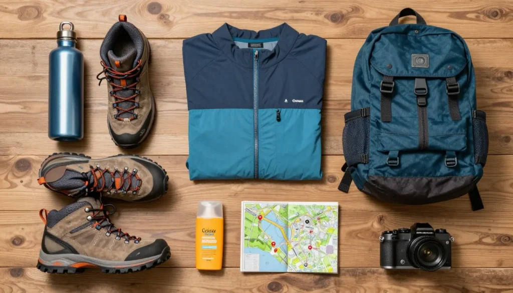 Travel essentials laid out including hiking boots, water bottle, and layered clothing for mountain vacation Travel essentials laid out including hiking boots, water bottle, and layered clothing for mountain vacation