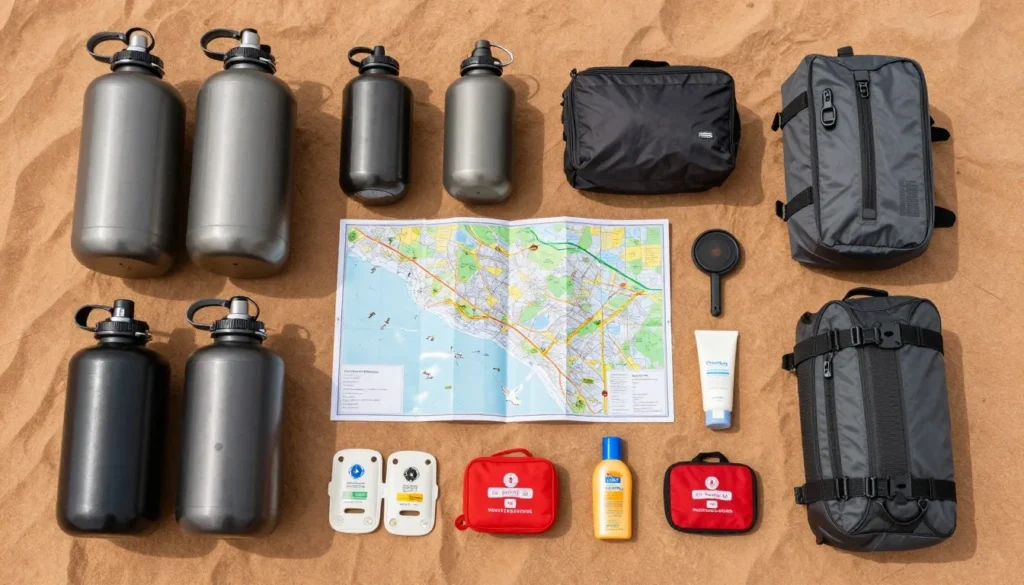 Travel supplies and gear organized for Nevada desert trip