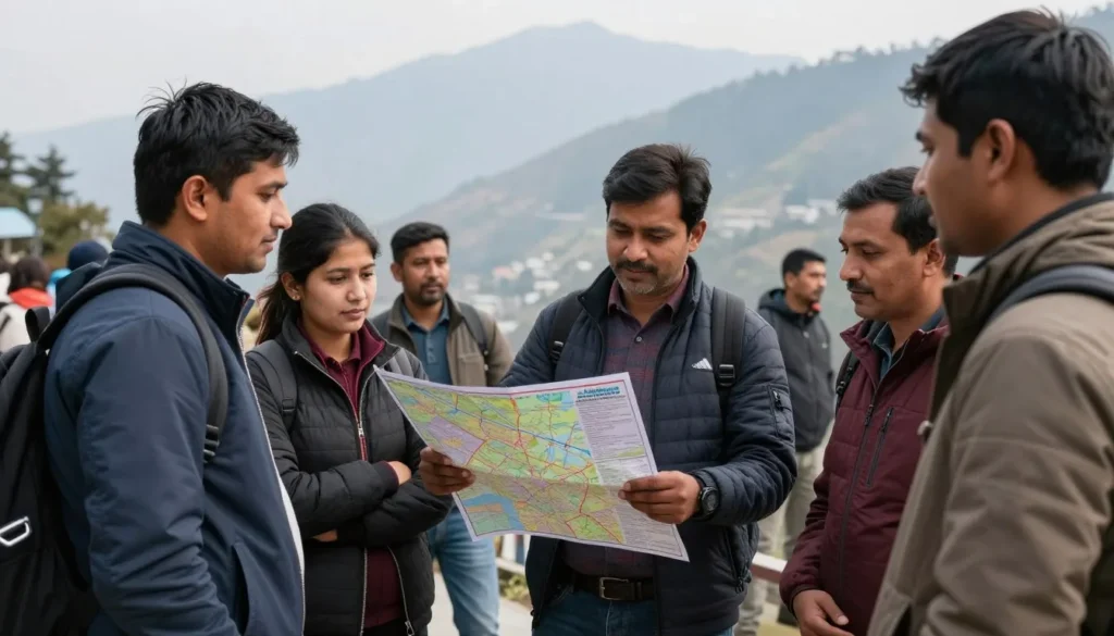 Traveler consulting local guide with map near Gangtok