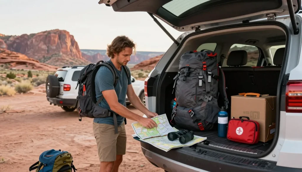 Traveler preparing gear and supplies next to vehicle at canyon trailhead Traveler preparing gear and supplies next to vehicle at canyon trailhead