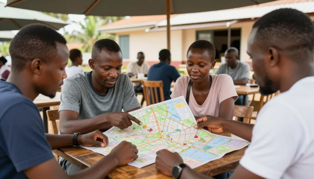 Travelers consulting map and planning in Gitega Travelers consulting map and planning in Gitega