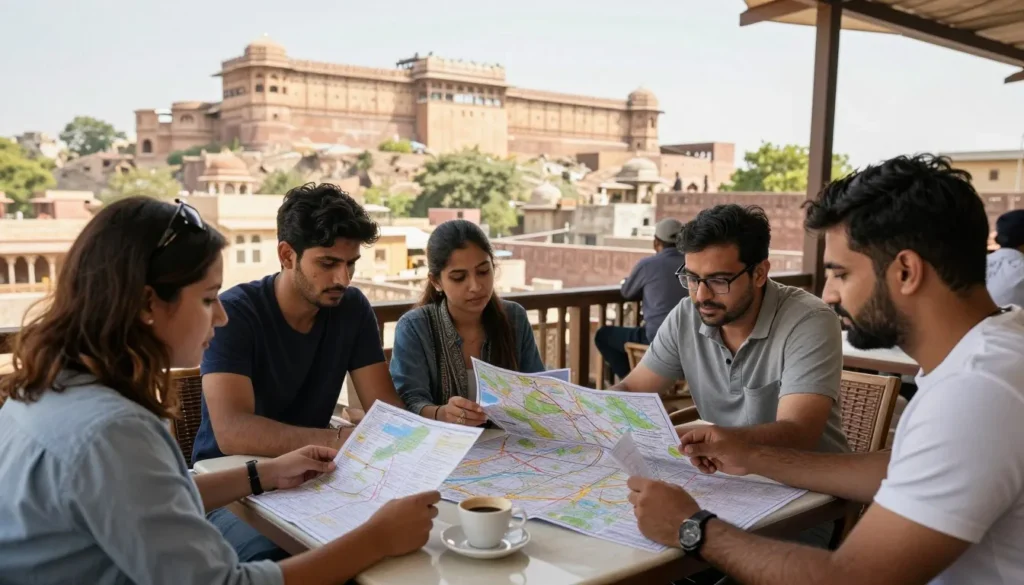 Travelers consulting paper map while sitting at traditional cafe with fort views