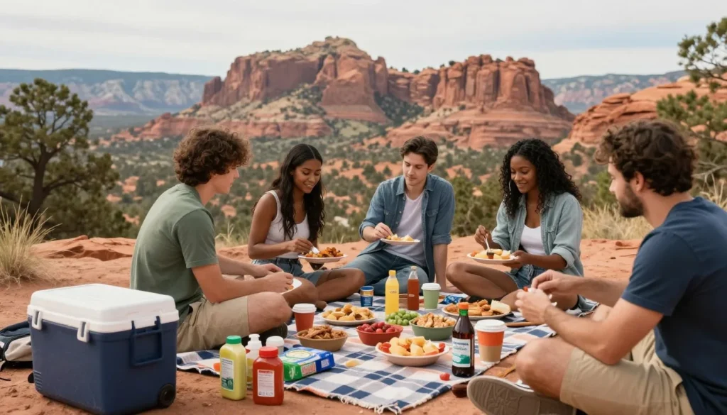 Travelers enjoying budget-friendly outdoor picnic
