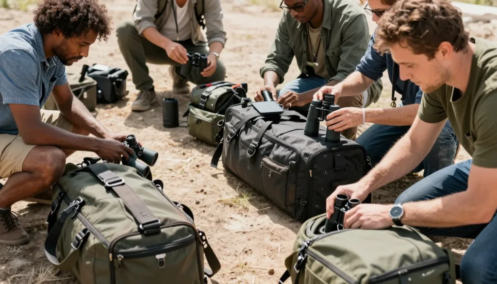 Travelers preparing camera equipment and gear for Ranthambore safari