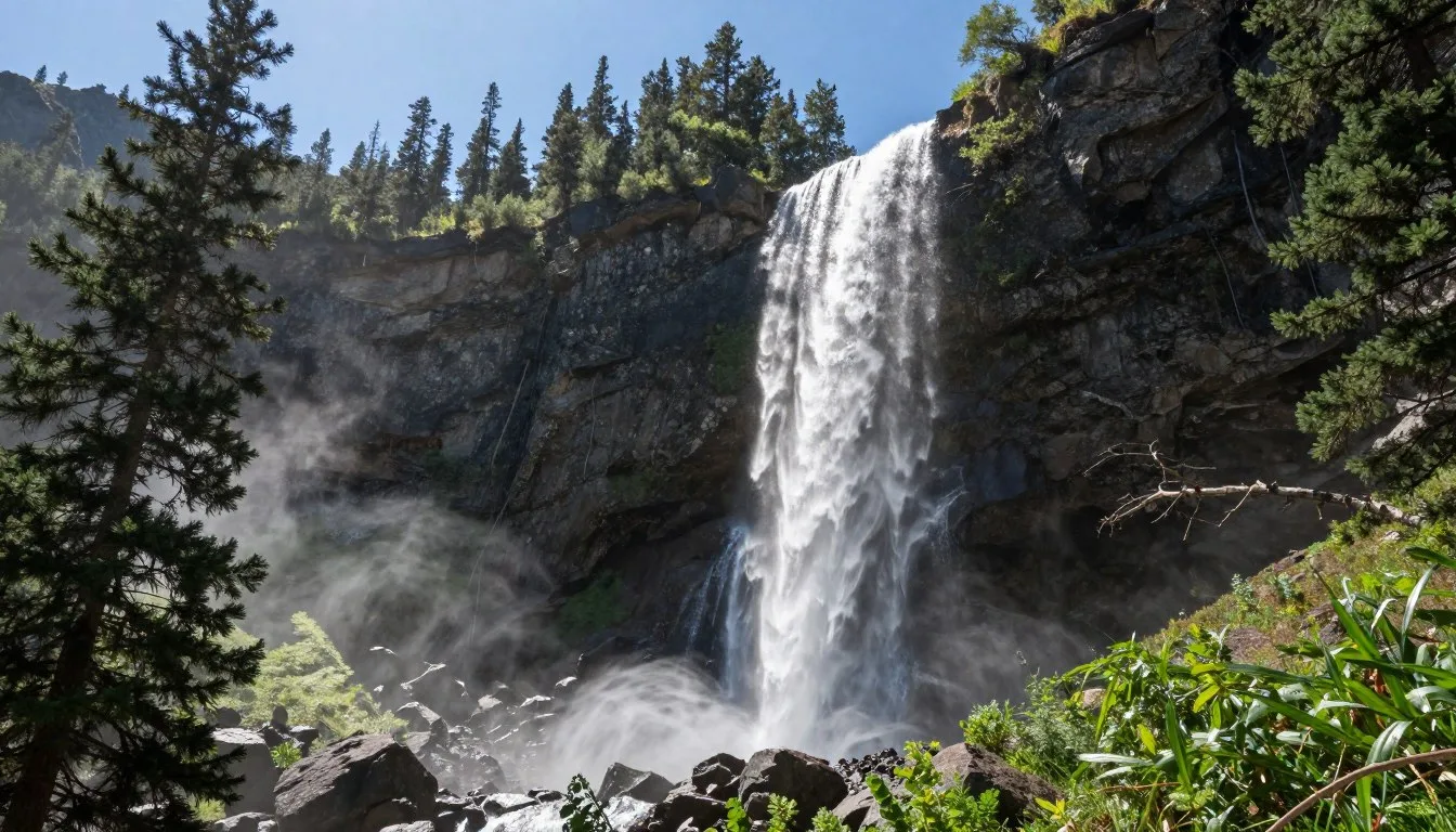 Treasure Falls cascading down rocky cliff surrounded by forest near Pagosa Springs Colorado