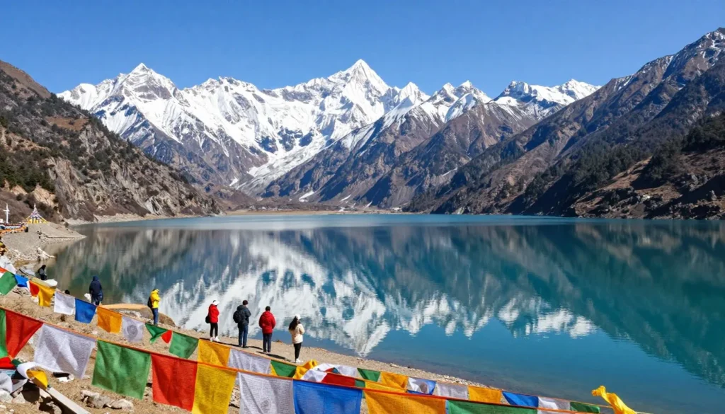 Tsomgo Lake with reflection of surrounding mountains and prayer flags