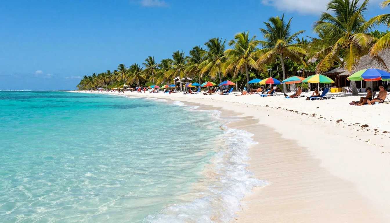 Turquoise Caribbean waters meeting white sand beach on Ambergris Caye with palm trees swaying in gentle breeze