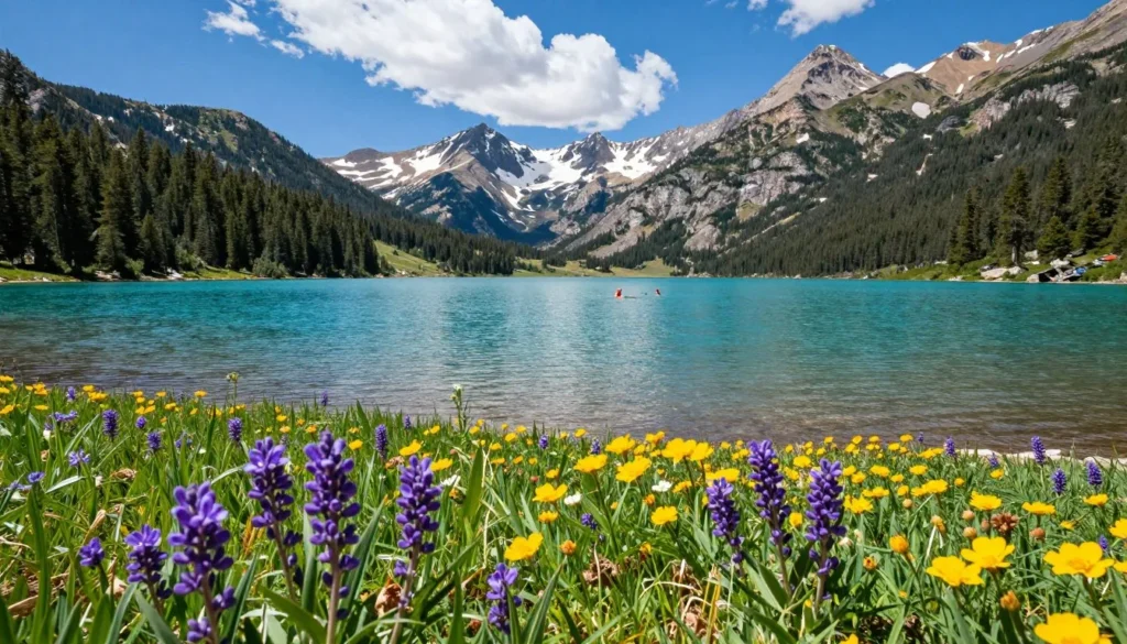 Turquoise Lake during summer with wildflowers along the shore and mountain backdrop Turquoise Lake during summer with wildflowers along the shore and mountain backdrop
